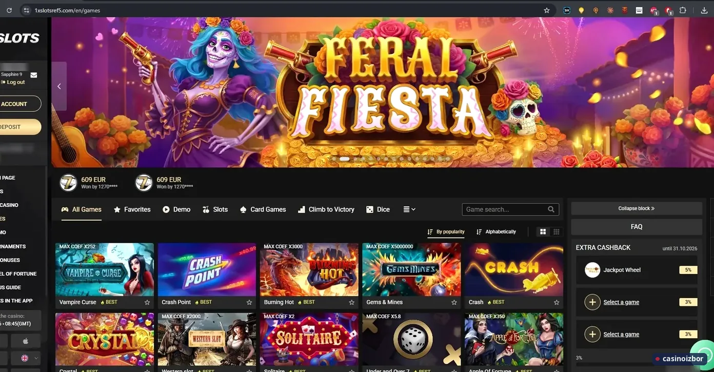1xSlots strana igara sa oznakom dodatnog kešbeka na izabranim igrama