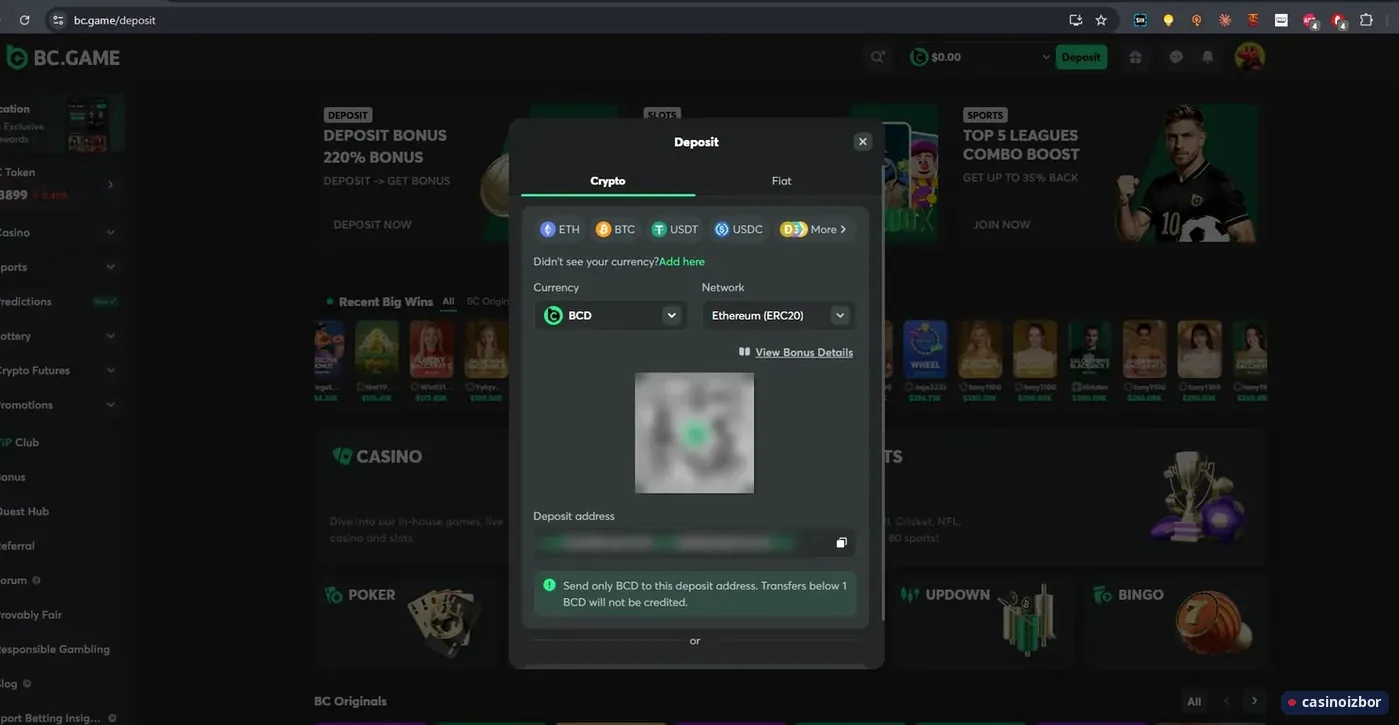 BC.Game prozor za uplatu sa ETH, BTC, USDT, USDC i izborom mreže