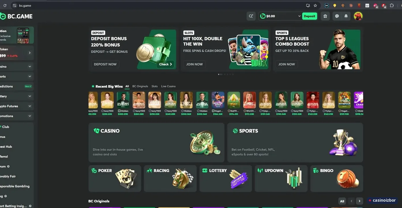 BC.Game naslovna strana: casino, kladionica, poker, trke i lutrija