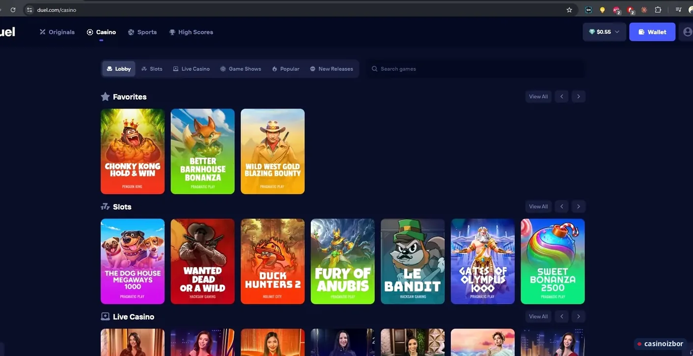 Duel casino lobi sa omiljenim igrama, slotovima i live igrama