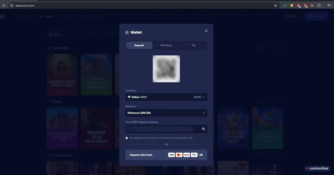 Duel prozor za uplatu sa izabranim USDT na Ethereum mreži