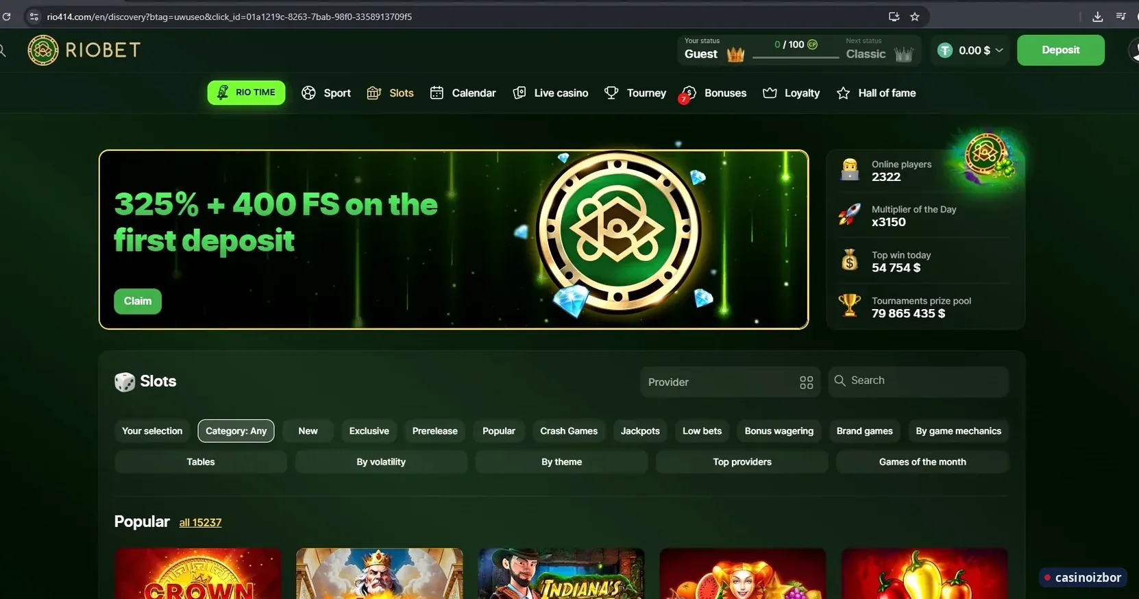 Riobet naslovna strana sa ponudom 325% + 400 FS i katalogom slotova