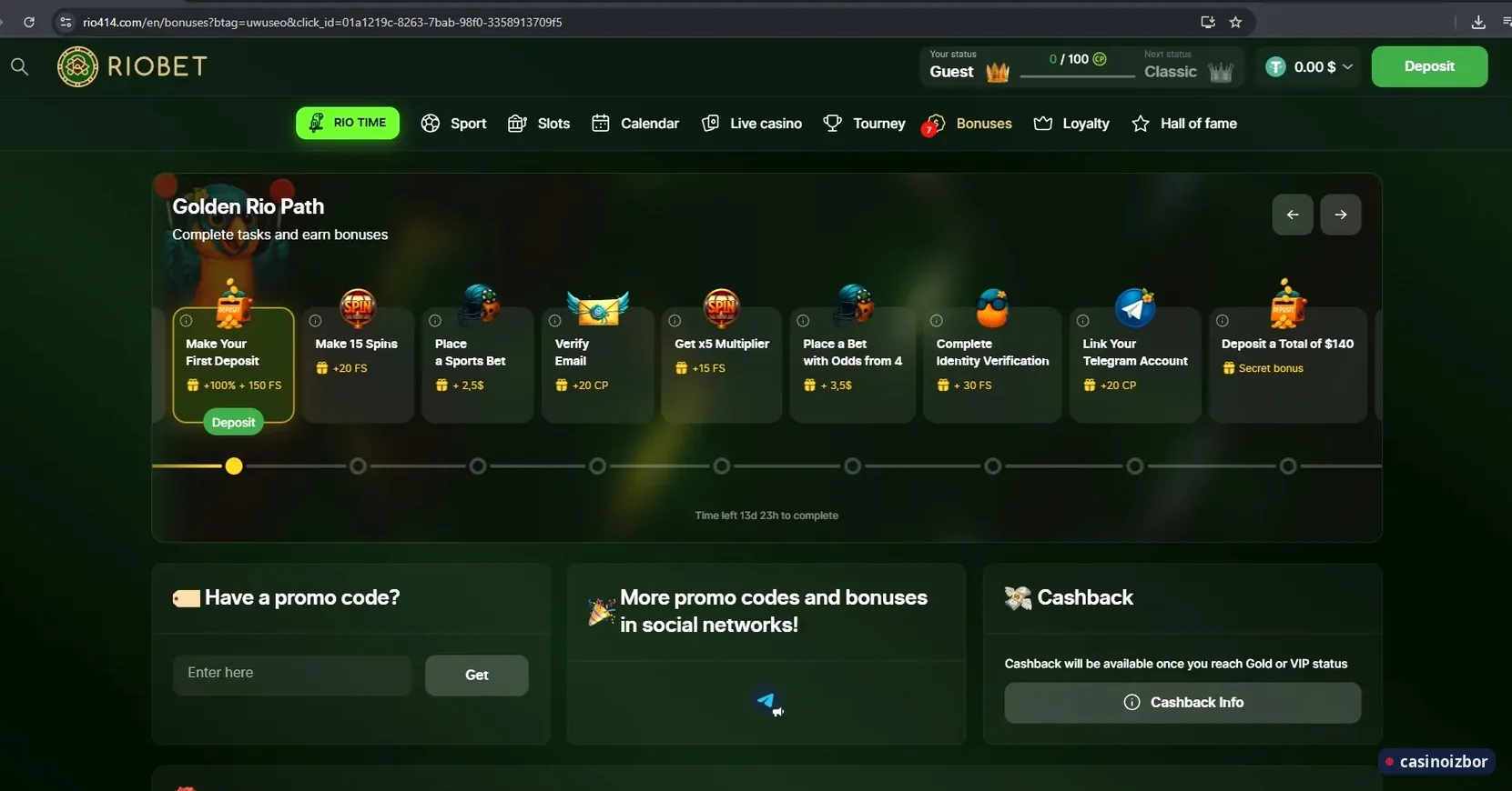 Riobet strana bonusa sa zadacima Golden Rio Path, poljem za promo kod i kešbekom