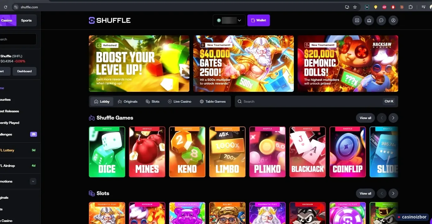 Shuffle casino lobi sa igrama Dice, Mines, Keno, Limbo i Plinko