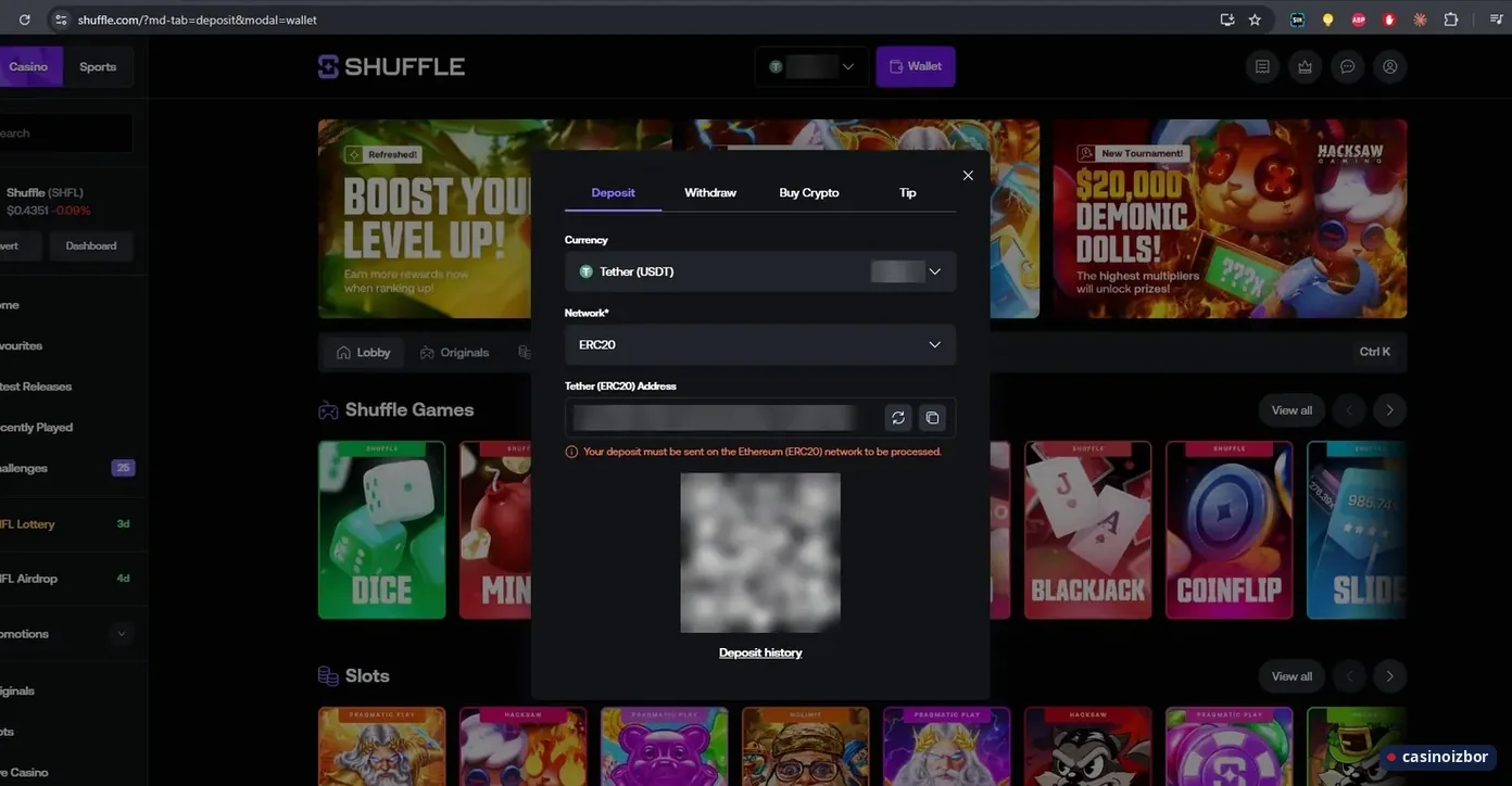 Shuffle prozor za uplatu sa USDT na ERC20 mreži