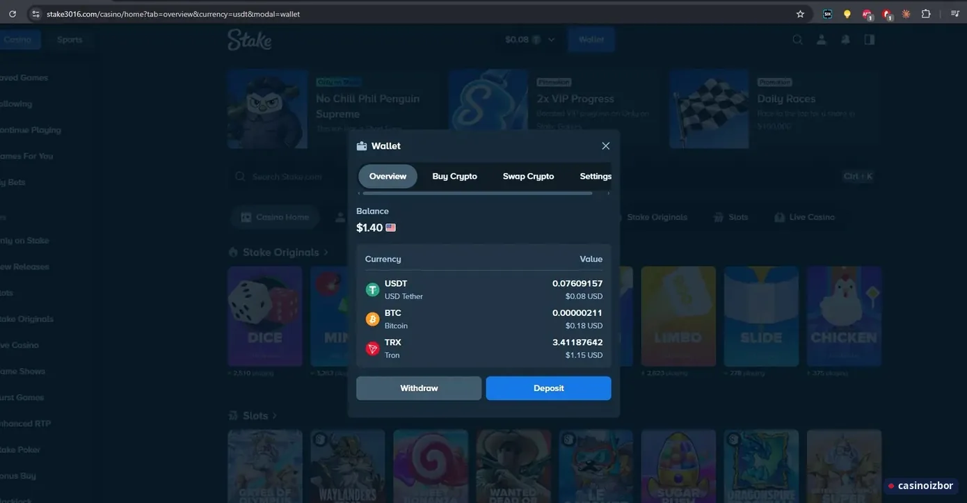 Stake novčanik sa saldom u USDT, BTC i TRX