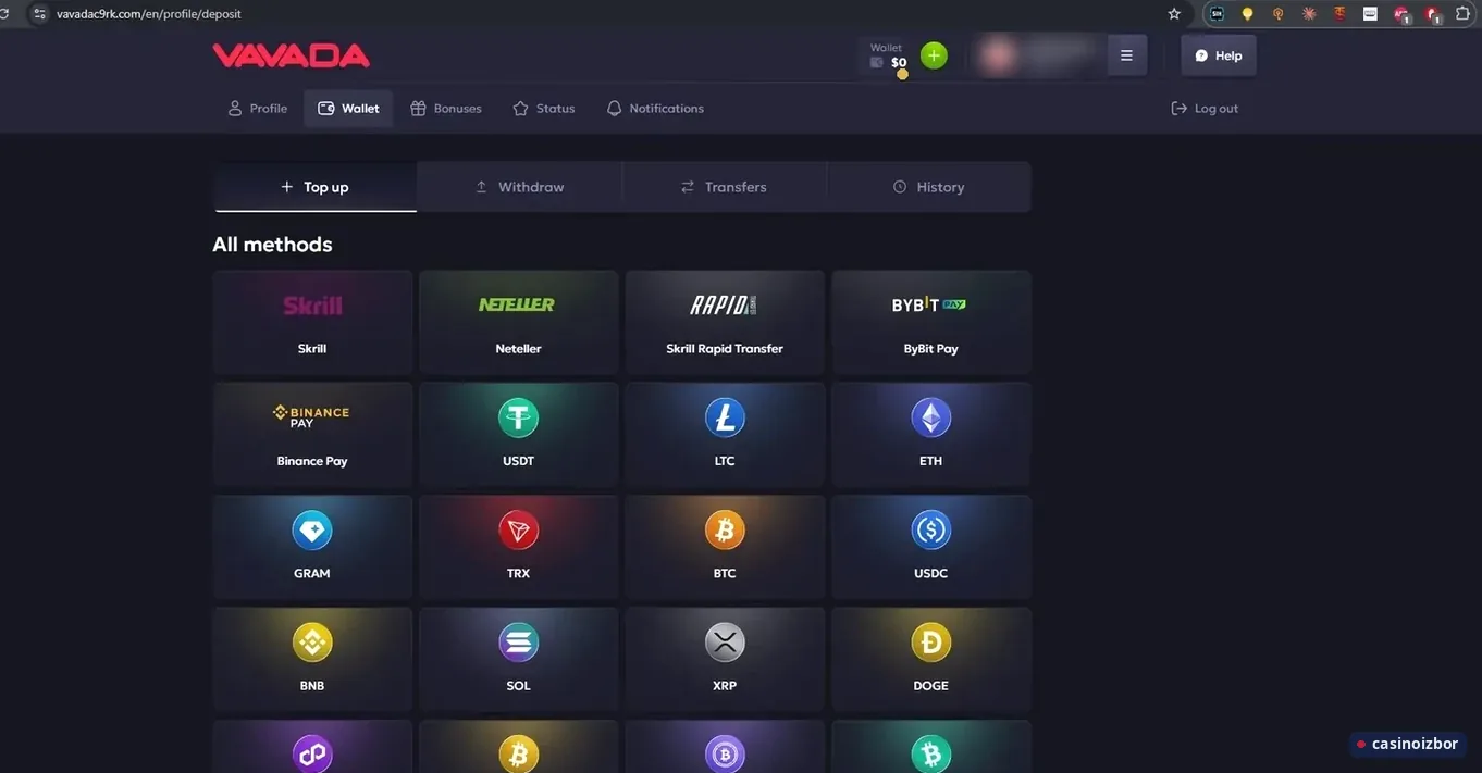 Vavada blagajna: Skrill, Neteller, Bybit Pay, Binance Pay, USDT, BTC, ETH i druge kriptovalute