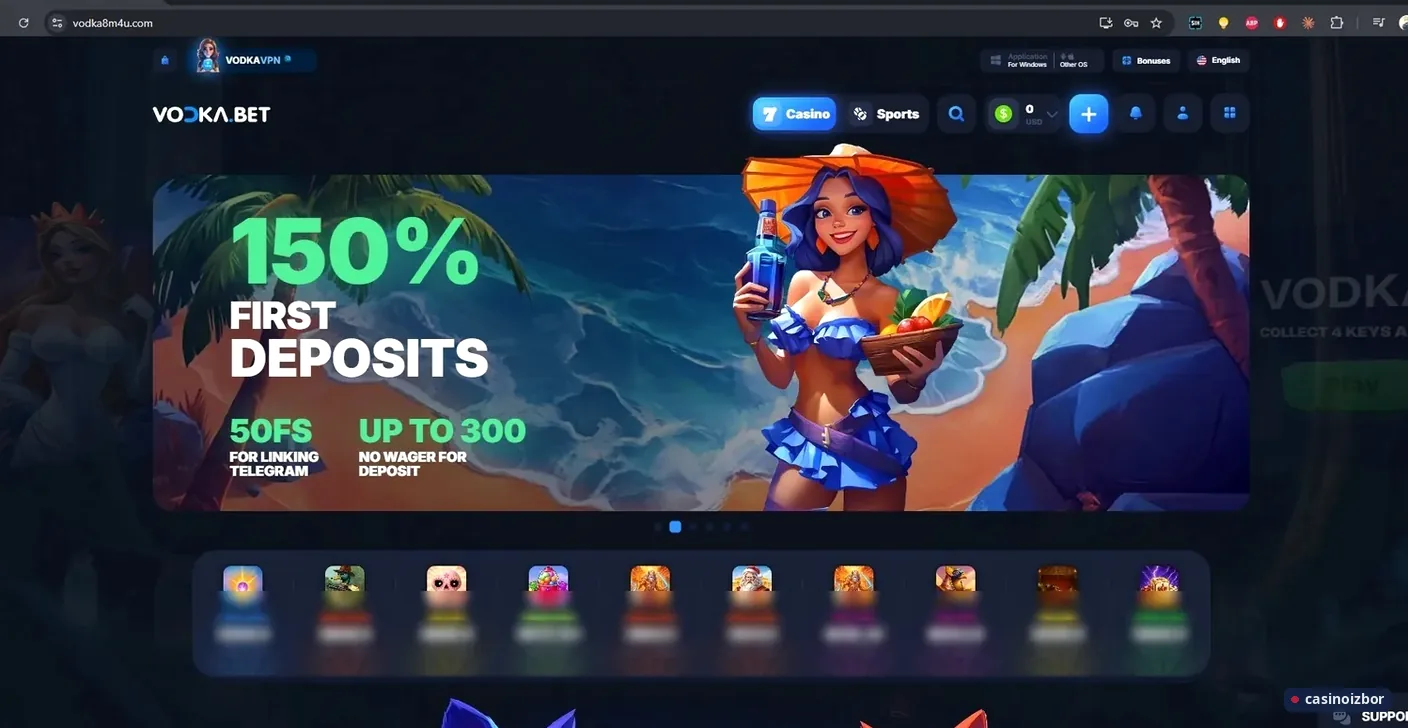 Vodka Bet naslovna strana sa banerom 150% na prve uplate