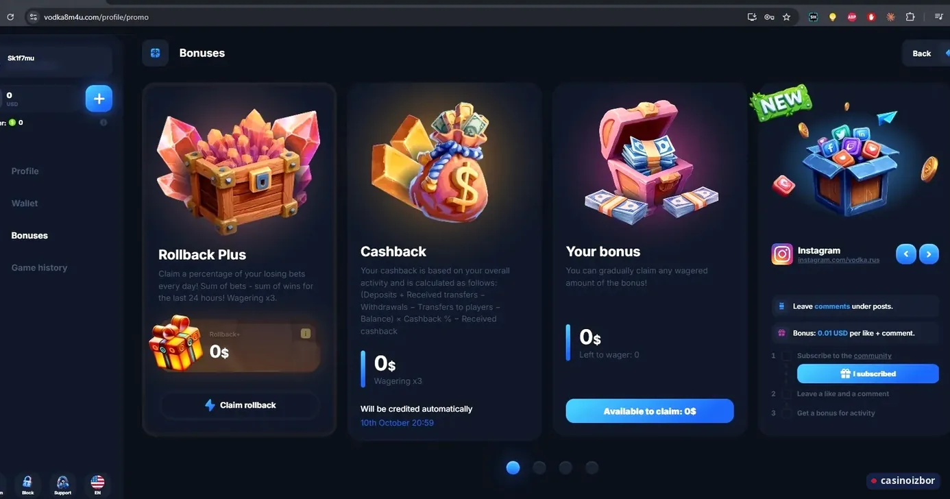 Vodka Bet strana bonusa sa Rollback Plus, kešbekom i bonus saldom
